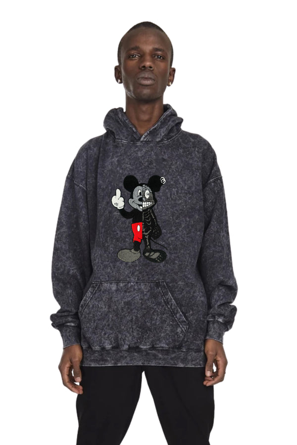 SUDADERA CON CAPUCHA LAVADO ÁCIDO PARCHE TWISTED MOUSE NEGRA
