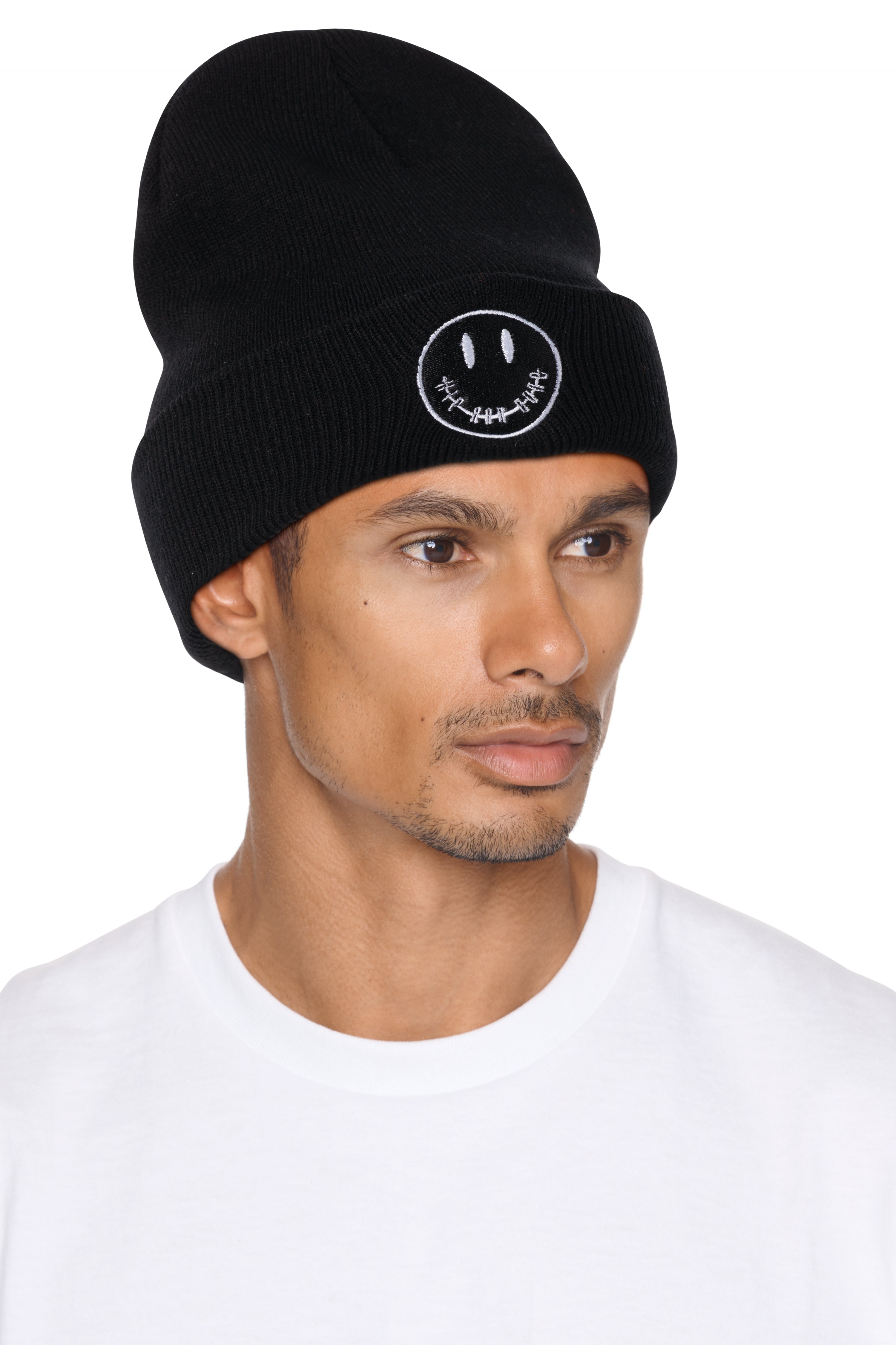 BLACK SMILEY ROLL-UP BEANIE