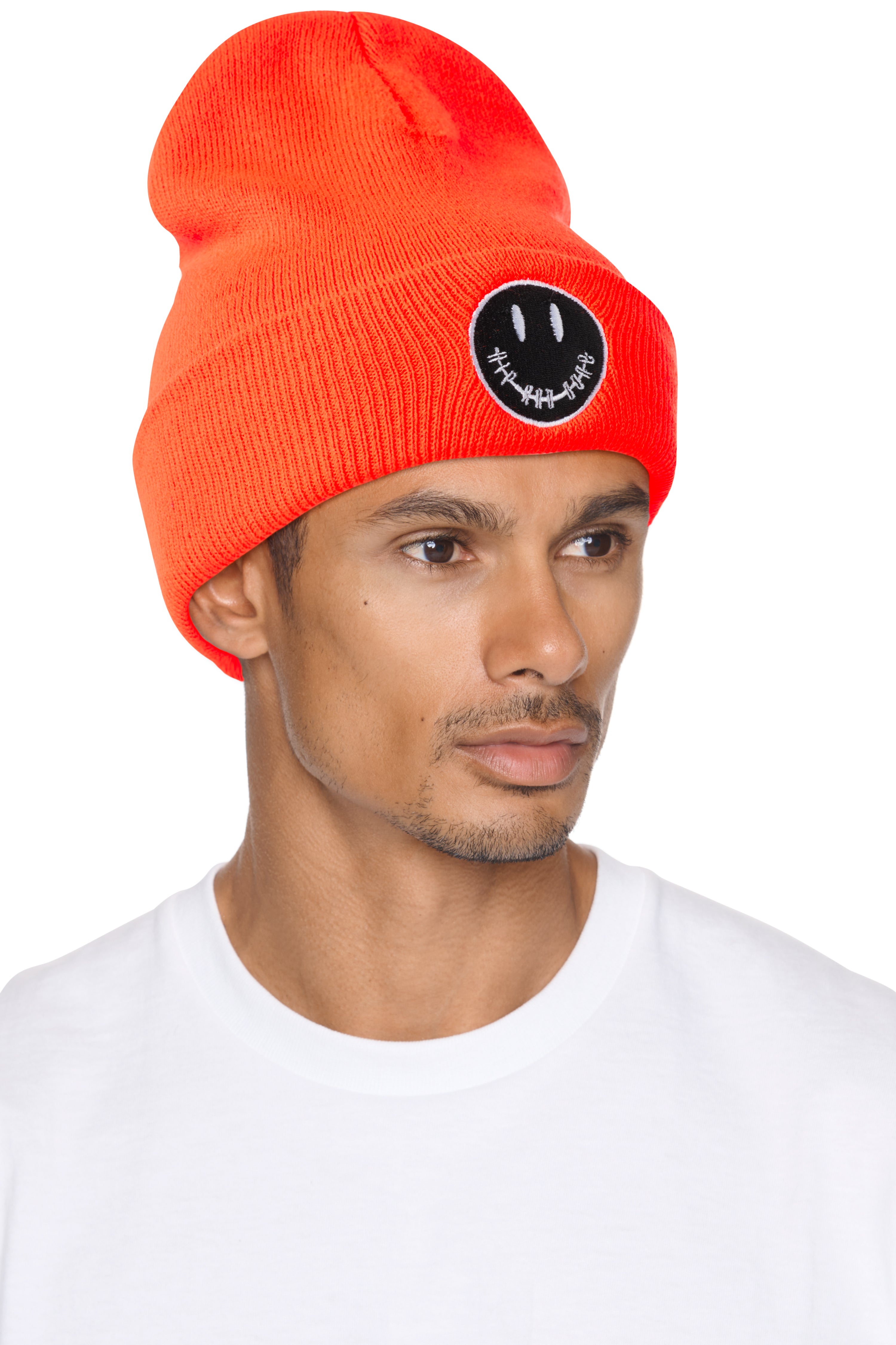 BLACK SMILEY ROLL-UP BEANIE