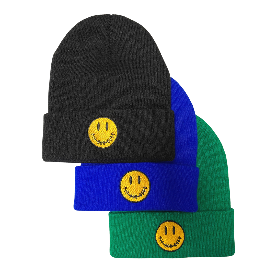 YELLOW SMILEY ROLL-UP BEANIE